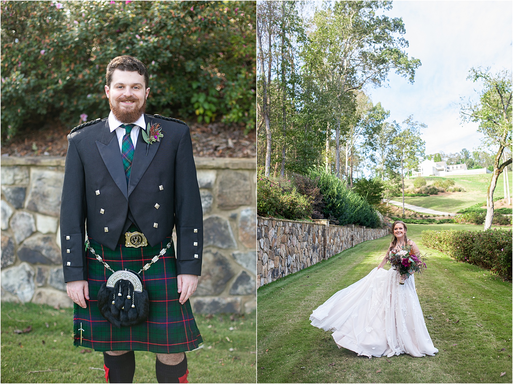 groom in kilt and bride with dress
